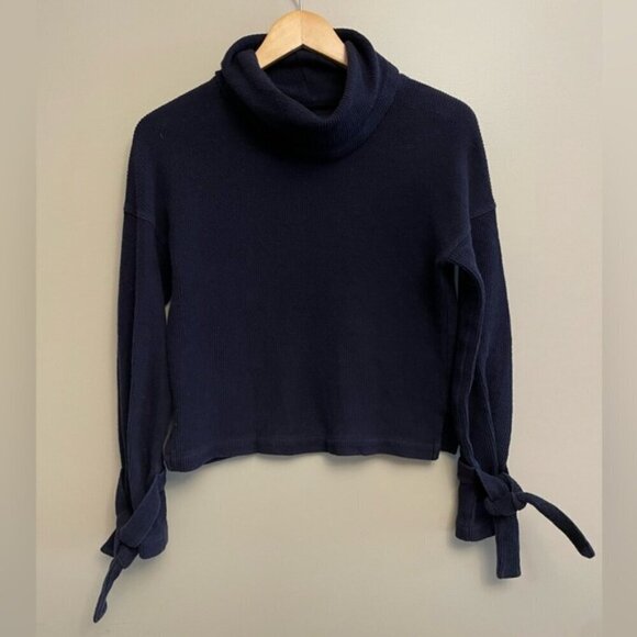 Madewell Cowl Neck Sweater Navy Tie Sleeves Ribbed Textured Pullover XXS - Picture 2 of 5